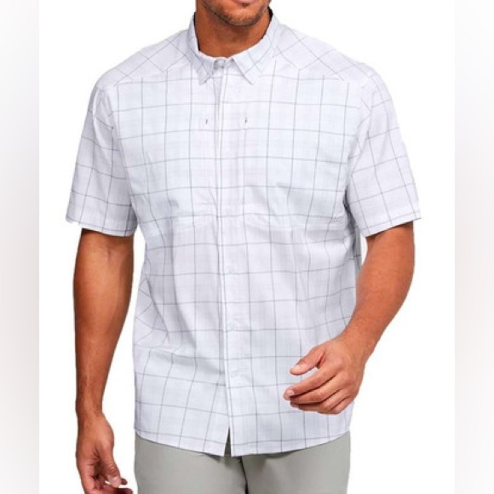 Under Armour Men's Large White Plaid Casual Short Sleeve Collard Shirt